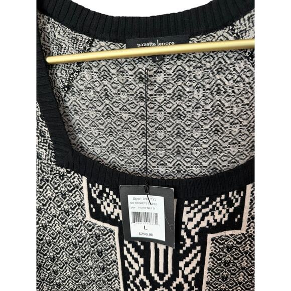 Nanette Lepore Black Ivory Geometric Fit & Flare Knit Dress L NWT - Picture 4 of 9